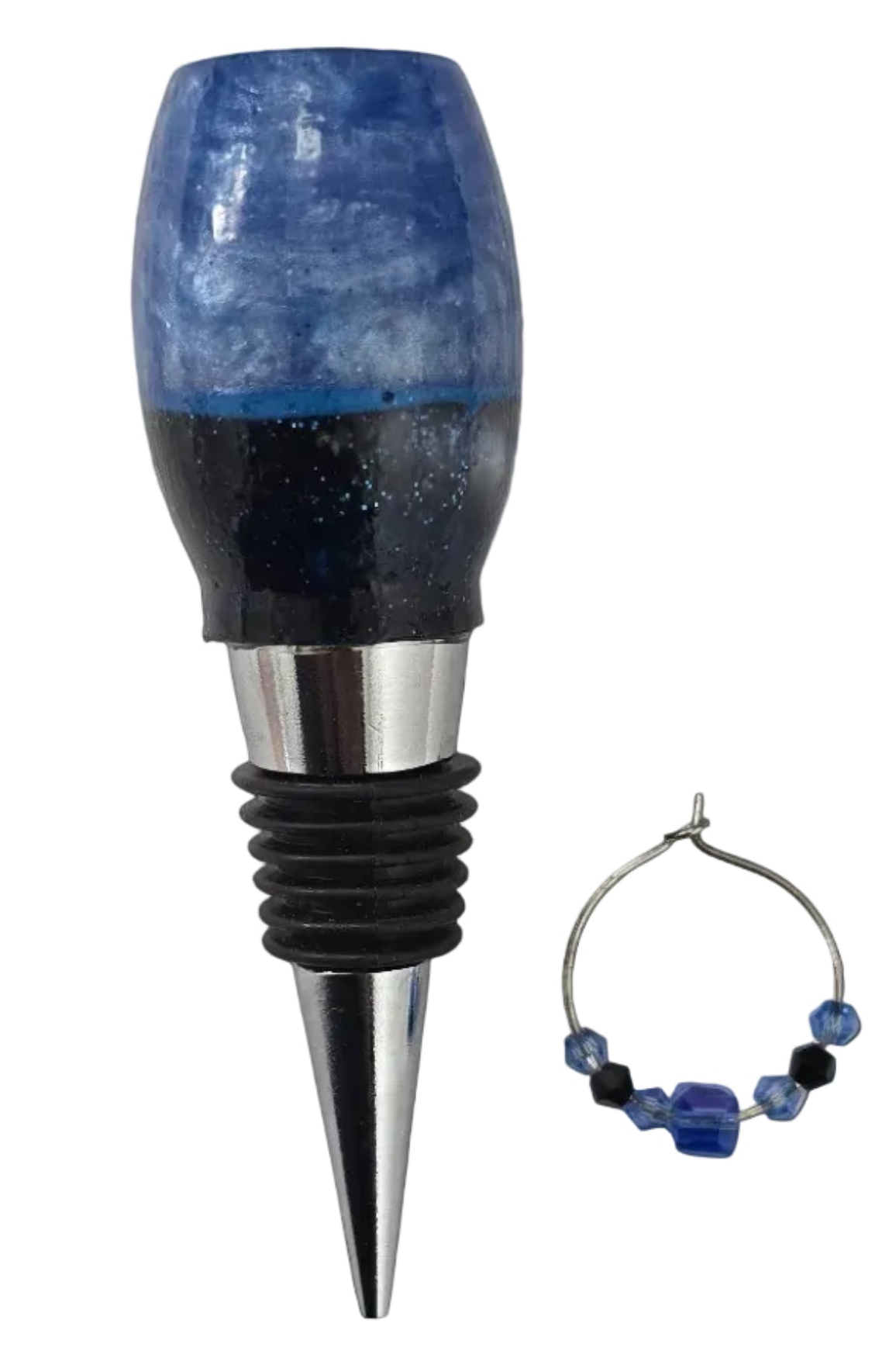 Wine stopper w/matching beaded wine glass identifier (epoxy resin)
